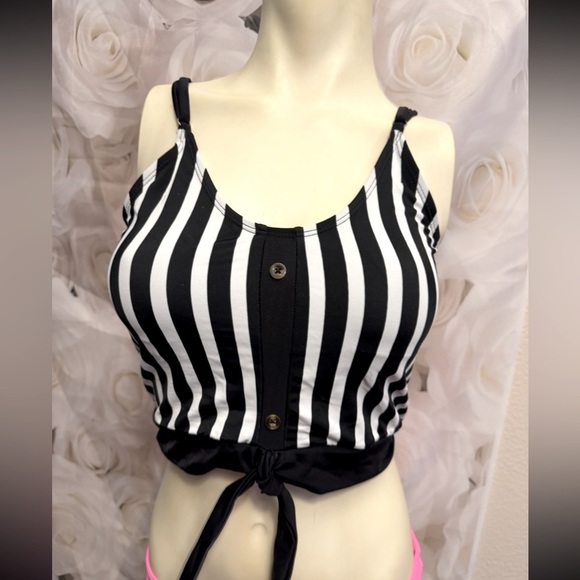 Coral Reef Traveler Tankini Top Black/White Stripe Faux Buttons, Tie Front M - Picture 1 of 12